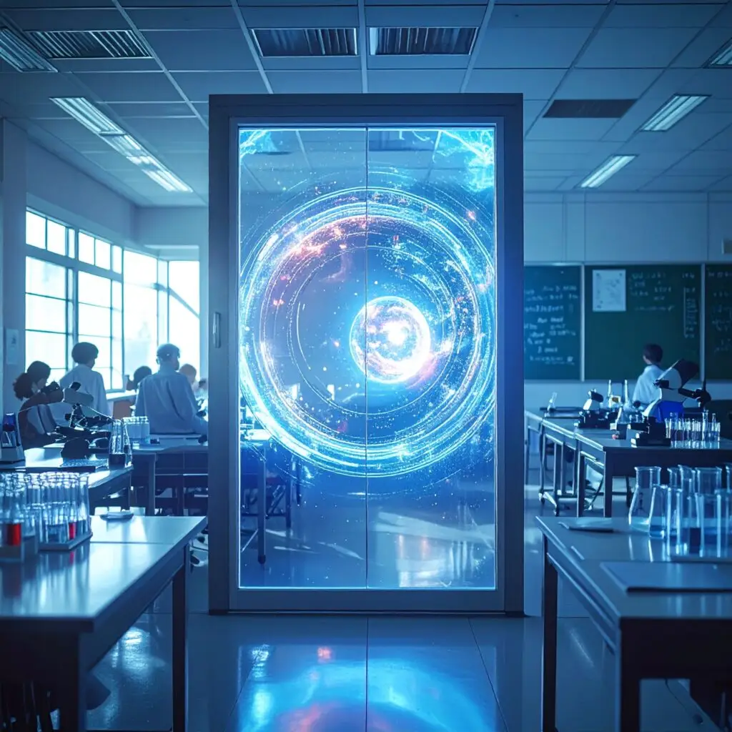 An image of a high school lab with a portal which opens up a door to another world.