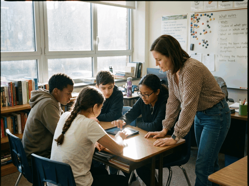 A diverse group of middle school students and their female teacher in a bright, modern classroom, gathered around a tablet to view an interactive biology lesson.