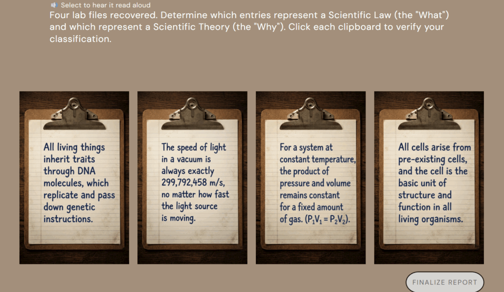 Science review activity featuring four clipboard icons that provide definitions and criteria to help students distinguish between theories and laws.