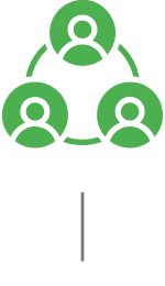 Green icon showing three connected human figures in a triangular layout, representing collaboration and teacher-led sharing of lesson access.